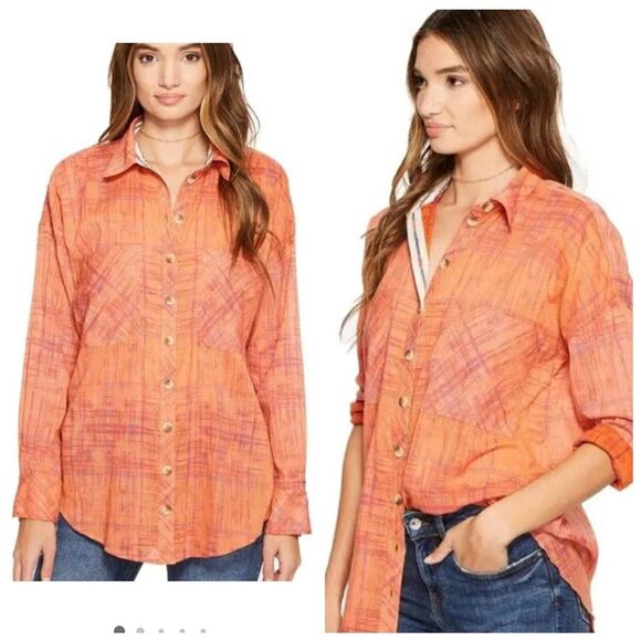 Free People Shore Vibes Button Down Top Printed Long Sleeve Shirt Orange Medium - Picture 1 of 8
